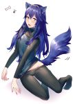  1girl ameno_(a_meno0) animal_ears armor bangs black_sweater blue_hair blue_shirt blush commentary_request dog_ears dog_tail fingerless_gloves fire_emblem fire_emblem_awakening full_body gloves gold_trim hair_between_eyes long_hair long_sleeves lucina_(fire_emblem) no_shoes open_mouth ribbed_sweater shiny shiny_hair shirt shoulder_armor solo sweater tail tiara turtleneck turtleneck_sweater 