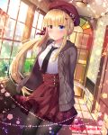  1girl :d arms_behind_back bag black_legwear black_neckwear blonde_hair blue_eyes closed_mouth day falkyrie_no_monshou hair_ornament hat heterochromia high-waist_skirt indoors jacket long_hair looking_at_viewer natsumekinoko necktie official_art open_mouth pantyhose red_eyes skirt smile standing watermark window 