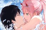  760511009 black_hair blush brown_background copyright_name couple darling_in_the_franxx from_side green_eyes grey_hairband hairband highres hiro_(darling_in_the_franxx) horns imminent_kiss long_hair parted_lips pink_hair portrait shiny shiny_hair water zero_two_(darling_in_the_franxx) 