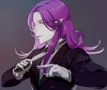  1boy alternate_costume bishounen bow bowtie commentary_request curly_hair cutting_hair fate/grand_order fate_(series) formal gloves holding holding_scissors male_focus medium_hair mephistopheles_(fate/grand_order) pointy_ears purple_eyes purple_hair scissors simple_background smile stardust_(star) suit thick_eyebrows white_skin 