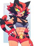  3:4 abs ahoge belt big_breasts black_body black_fur blue_background bottomwear bra breasts claws cleavage clothed clothing eyebrows female fur gradient_background green_eyes hair hand_on_hip humanoid incineroar kemono muscular muscular_female nintendo open_mouth panties pok&eacute;mon pok&eacute;mon_(species) red_body red_fur sharp_teeth short_hair shorts simple_background solo spicy sports_bra standing teeth thick_eyebrows tongue underwear video_games white_background white_claws yellow_sclera 