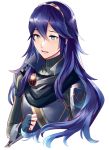  1girl ameno_(a_meno0) armor bangs blue_hair commentary_request crying fingerless_gloves fire_emblem fire_emblem_awakening gloves gold_trim hair_between_eyes long_hair long_sleeves lucina_(fire_emblem) shiny shiny_hair shoulder_armor simple_background solo tiara turtleneck upper_body white_background 