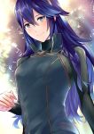  1girl ameno_(a_meno0) bangs blue_hair blue_shirt blush bodysuit breasts closed_mouth commentary_request eyelashes fingerless_gloves fire_emblem fire_emblem_awakening gloves hair_between_eyes long_hair long_sleeves looking_at_viewer lucina_(fire_emblem) shiny shiny_hair shirt small_breasts smile solo sunlight tiara turtleneck upper_body 
