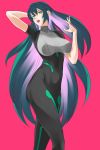  1girl bodysuit breasts green_eyes green_hair gundam_build_divers_re:rise hand_behind_head highres impossible_bodysuit impossible_clothes long_hair looking_at_viewer may_(gundam_build_divers_re:rise) medium_breasts open_mouth purple_hair red_background silentmag 