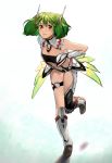  1girl bent_over brown_eyes collar cosplay gauntlets green_hair highres looking_at_viewer macross macross_frontier mecha_musume mechanical_ears mechanical_skirt metal_boots pote-mm ranka_lee short_hair solo thigh_strap 