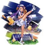  1girl ass azur_lane baseball baseball_cap baseball_mitt baseball_stadium bird blue_eyes bluegill_(azur_lane) bluegill_(up-and-coming_infielder)_(azur_lane) blush chick cloud dango_remi dark_skin fang full_body hat head_bump highres leg_up legs logo long_hair manjuu_(azur_lane) midriff night night_sky official_art one_eye_closed open_mouth purple_hair ribbon shoes short_eyebrows shorts shorts_under_skirt skirt sky sneakers socks solo standing standing_on_one_leg tan torpedo transparent_background watermark white_footwear white_legwear white_shorts white_skirt yellow_ribbon 