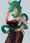  absurdres animal_ears bare_shoulders black_legwear blush bracelet breasts brown_eyes bunny_ears bunny_girl bunnysuit cleavage collarbone eyebrows_visible_through_hair green_hair hair_over_one_eye hand_on_hip highres horns jewelry large_breasts looking_at_viewer medium_hair original pantyhose parted_lips smile snake tongue tongue_out witch ying_jing_meng 