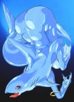  ambiguous_gender anthro bangle_(jewelry) big_female blue_body blue_skin breasts butt claws ear_piercing female feral fin fish gills kemosuke looking_at_viewer marine membrane_(anatomy) nude open_mouth piercing red_eyes shark solo tail_fin tongue tongue_out underwater water webbed_hands 