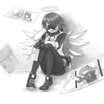  angel_wings arknights crying exusiai_(arknights) grover.y halo highres leggings monochrome mostima_(arknights) photo photo_album sobbing squatting tears wings 