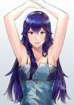  1girl alternate_costume ameno_(a_meno0) armpits arms_up bangs blue_hair blush breasts collarbone commentary_request eyelashes fingerless_gloves fire_emblem fire_emblem_awakening gloves gradient gradient_background grey_background hair_between_eyes long_hair looking_at_viewer lucina_(fire_emblem) shiny shiny_hair simple_background small_breasts solo tiara upper_body white_background 