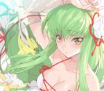  1girl arm_up bangs bikini bikini_top breasts c.c. cleavage code_geass collarbone creayus eyebrows_visible_through_hair floating_hair flower green_hair hair_between_eyes hair_flower hair_ornament hair_ribbon halterneck long_hair looking_at_viewer medium_breasts parted_lips red_ribbon ribbon shiny shiny_hair solo swimsuit upper_body very_long_hair white_bikini white_flower yellow_eyes 