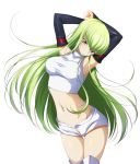  1girl arm_warmers armpits arms_up bare_shoulders breasts c.c. code_geass commentary_request cowboy_shot crop_top green_hair highres long_hair looking_at_viewer medium_breasts midriff navel open_fly shirt short_shorts shorts simple_background sleeveless sleeveless_shirt solo stomach thigh_gap thighhighs thighs very_long_hair white_background white_legwear white_shirt white_shorts yellow_eyes yu-ta 
