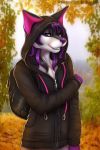  2020 anthro canid canine clothed clothing day detailed_background digital_media_(artwork) forest grass hi_res male mammal mifa outside purple_eyes purple_nose smile solo teeth tree 
