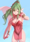  breasts cape cleavage dress fire_emblem fire_emblem_awakening gloves green_eyes green_hair highres looking_to_the_side one_eye_closed pointy_ears ponytail red_dress red_gloves skeptycally tiki_(fire_emblem) 