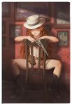  1girl ;) alphonse_(white_datura) belt belt_buckle boots border brown_footwear buckle censored curly_hair fedora full_body green_eyes gun handgun hat highres holding holding_gun holding_weapon holster knee_boots long_hair looking_at_viewer mosaic_censoring mouth_hold navel nude on_chair one_eye_closed original petite picture_(object) pussy sitting sitting_backwards smile solo spread_legs trigger_discipline very_long_hair weapon weapon_request white_border white_headwear wooden_chair 