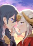  2girls black_hair blue_eyes blush byleth_(fire_emblem) byleth_(fire_emblem)_(female) closed_mouth cloud edelgard_von_hresvelg fire_emblem fire_emblem:_three_houses from_side fukuroumori gradient_sky headpiece highres holding_another&#039;s_hair horns long_hair looking_at_another multiple_girls outdoors parted_lips profile purple_eyes short_hair_with_long_locks sidelocks silver_hair sky smile star_(sky) upper_body yuri 