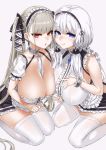  2girls ahoge apron asanagi azur_lane bangs bare_shoulders between_breasts black_hairband blue_eyes blush breasts choker cleavage closed_mouth collarbone commentary_request cosplay covered_nipples dido_(azur_lane) dido_(azur_lane)_(cosplay) dress earrings eyebrows_visible_through_hair formidable_(azur_lane) frilled_apron frilled_choker frills grey_hair hair_ribbon hairband highres huge_breasts illustrious_(azur_lane) jewelry long_hair looking_at_viewer maid_apron mole mole_under_eye multiple_girls open_mouth puffy_short_sleeves puffy_sleeves red_eyes ribbon short_sleeves sirius_(azur_lane) sirius_(azur_lane)_(cosplay) sitting sleeveless sleeveless_dress smile thighhighs thighs tongue tongue_out tress_ribbon tri_tails twintails two-tone_ribbon very_long_hair waist_apron white_apron white_hair white_legwear 