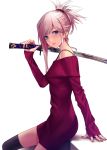  1girl applekun asymmetrical_hair bangs black_legwear blue_eyes closed_mouth dress fate/grand_order fate_(series) hair_ornament highres holding holding_sword holding_weapon katana looking_at_viewer miyamoto_musashi_(fate/grand_order) nail_polish off-shoulder_sweater off_shoulder red_lips red_nails red_sweater silver_hair simple_background sitting sleeves_past_wrists smile solo sweater sweater_dress swept_bangs sword thighhighs tied_hair weapon white_background zettai_ryouiki 