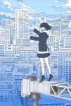  1girl baton_(instrument) black_hair blue_jacket blue_skirt blue_theme building cityscape closed_eyes commentary_request conductor crane_(machine) day full_body highres holding jacket ligne_claire long_sleeves original pleated_skirt seraphitalg short_hair signature skirt skyscraper solo standing tiptoes 