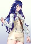  1girl alternate_costume ameno_(a_meno0) bangs belt blue_eyes blue_hair blush breasts commentary_request cowboy_shot dress fire_emblem fire_emblem_awakening gradient gradient_background hair_between_eyes hand_up long_hair long_sleeves looking_at_viewer lucina_(fire_emblem) shiny shiny_hair short_dress simple_background small_breasts smile solo tiara two-tone_dress 