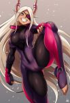  1girl absurdres animal_ears arm_at_side blonde_hair bodysuit boku_no_hero_academia breasts bunny_ears cameltoe cosplay eyepatch fingerless_gloves gloves grin han_juri han_juri_(cosplay) hand_on_own_thigh high_collar highres impossible_bodysuit impossible_clothes jmg leg_lift long_hair long_sleeves looking_at_viewer platinum_blonde_hair red_eyes skin_tight smile solo spread_legs standing standing_on_one_leg street_fighter tan teeth toeless_legwear toes trait_connection turtleneck usagiyama_rumi very_long_hair 
