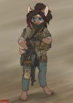  4_toes 5_fingers anthro assault_rifle clothing eyewear female fingers goggles gun hi_res hyaenid mammal orang111 ranged_weapon rifle shemagh simple_background solo toes weapon 