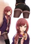  1girl absurdres bangs black_footwear black_legwear black_shirt black_shorts boots brown_eyes brown_hair bubble_tea can cardigan cropped_legs drinking_straw hair_ornament heart heart_hair_ornament highres holding holding_can idolmaster idolmaster_shiny_colors legwear_under_shorts long_hair long_sleeves looking_at_viewer low_twintails miyar2d2 multiple_views nail_polish oosaki_amana open_cardigan open_clothes open_mouth pantyhose purple_cardigan red_nails shiny shiny_hair shiny_legwear shirt short_shorts shorts solo swept_bangs thigh_boots thighhighs twintails 