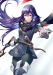  1girl ameno_(a_meno0) armor bangs black_bodysuit blue_footwear blue_hair blue_shirt bodysuit boots closed_mouth feet_out_of_frame fingerless_gloves fire_emblem fire_emblem_awakening gloves gradient gradient_background hair_between_eyes hair_spread_out holding holding_sword holding_weapon long_hair long_sleeves looking_at_viewer lucina_(fire_emblem) outstretched_arm shiny shiny_hair shirt shoulder_armor simple_background solo sword thigh_boots thighhighs tiara weapon white_background 