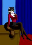  2013 anthro breasts cleavage clothed clothing female green_eyes hi_res looking_at_viewer mammal procyonid raccoon rawenski sitting solo 