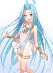  1girl :d ahoge bare_legs bare_shoulders blue_eyes blue_hair blush bridal_gauntlets choker collarbone commentary_request dress feet_out_of_frame forehead gem glowing granblue_fantasy highres long_hair looking_at_viewer lyria_(granblue_fantasy) open_mouth round_teeth sapphire_(gemstone) simple_background sleeveless sleeveless_dress smile solo standing straight_hair teeth thighlet upper_teeth very_long_hair wedo white_background white_choker white_dress 
