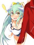  1girl aqua_hair bangs blush breasts chata_maru_(irori_sabou) cleavage collarbone commentary_request cosplay denim denim_shorts dragon_horns eyebrows_visible_through_hair fangs fate/grand_order fate_(series) green_hair hair_between_eyes highres horns jacket kiyohime_(fate/grand_order) large_breasts long_hair looking_at_viewer mordred_(fate) mordred_(fate)_(all) mordred_(fate)_(cosplay) open_mouth red_jacket shorts simple_background smile solo v-shaped_eyebrows very_long_hair white_background yellow_eyes 