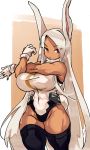  1girl absurdres animal_ears bangs boku_no_hero_academia breasts bunny_ears bunny_tail covered_navel dark_skin forehead gloves heavy_breathing highleg highleg_leotard highres huge_breasts impossible_clothes impossible_leotard leotard long_hair looking_at_viewer muscle muscular_female red_eyes silver_hair sleeveless solo stretch sweat swept_bangs tail thick_thighs thighs toned turtleneck_leotard usagiyama_rumi very_long_hair white_gloves white_leotard zana 