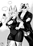  absurd_res anthro big_breasts big_ears black_and_white black_clothing black_dress breasts cassie_evans chipped_ear claws cleavage clothed clothing cougar covered_eyes crossed_arms dress duo eyewear felid feline female hi_res highlights_(coloring) human interview kemono mammal microphone monochrome murazaki pose serval smile smug snaggle_tooth standing suit sunglasses wide_hips 