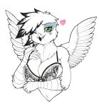  &lt;3 anthro avian big_breasts blush bra breasts chest_tuft cleavage clothed clothing dewlap_(anatomy) fan_character female frilly frilly_bra frilly_clothing frilly_underwear ginger_feathershy green_eyes gryphon hi_res lace lingerie longinius monochrome my_little_pony mythological_avian mythology navel neo_noir one_eye_closed partial_color restricted_palette simple_background solo spread_wings traditional_media_(artwork) tuft underwear white_background wings wink 