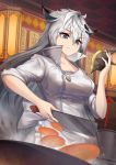  1girl animal_ears apron arknights bangs breasts butcher_knife chinese_commentary cleavage collarbone commentary_request eyebrows_visible_through_hair frilled_apron frills grey_eyes hair_between_eyes hair_ornament hairclip hand_up highres holding holding_knife indoors knife lappland_(arknights) large_breasts long_hair mcg6 originium_slug_(arknights) scar scar_across_eye shirt short_sleeves silver_hair smile solo upper_body very_long_hair waist_apron white_apron white_shirt wolf_ears 