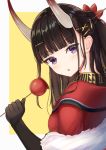  1girl azur_lane bangs black_gloves black_hair blunt_bangs blush breasts candy_apple elbow_gloves eyebrows_visible_through_hair flower food fur_trim gloves hair_flower hair_ornament hairclip japanese_clothes jori kimono long_hair looking_at_viewer medium_breasts new_year noshiro_(azur_lane) noshiro_(uncharted_festival_grounds?)_(azur_lane) oni_horns parted_lips purple_eyes red_kimono simple_background solo upper_body yellow_background 