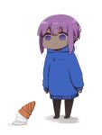 1girl black_legwear blue_hoodie closed_mouth dark_skin empty_eyes fate/prototype fate/prototype:_fragments_of_blue_and_silver fate_(series) food hassan_of_serenity_(fate) hood hood_down hoodie i.u.y ice_cream ice_cream_cone long_sleeves no_shoes pantyhose purple_eyes purple_hair shadow sleeves_past_fingers sleeves_past_wrists soft_serve solo standing trembling white_background 