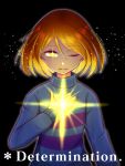  1other bangs black_background brown_hair commentary english_text eyebrows_visible_through_hair frisk_(undertale) glowing glowing_eye hand_on_own_chest highres light looking_at_viewer one_eye_closed short_hair solo striped striped_sweater sweater undertale upper_body yellow_eyes yuupontan. 