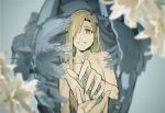  1boy alphonse_elric arm_at_side armor back-to-back blonde_hair blurry blurry_background cheekbones collarbone commentary depth_of_field dissolving doya english_commentary fingernails flower full_armor fullmetal_alchemist grey_background hair_over_one_eye hands happy highres lily_(flower) long_fingernails long_hair looking_afar male_focus nude outstretched_hand parted_lips pov pov_hands reaching_out sharp_fingernails simple_background skinny smile straight_hair white_flower yellow_eyes 