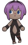 1girl bangs bare_shoulders black_leotard blue_eyes blush center_opening chibi dark_skin doubutsu_no_mori eyebrows_behind_hair fate/prototype fate/prototype:_fragments_of_blue_and_silver fate_(series) full_body hassan_of_serenity_(fate) i.u.y leotard looking_away looking_to_the_side parted_lips purple_hair simple_background solo standing toeless_legwear white_background 
