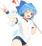  1girl ;d alternate_costume blue_bow blue_eyes blue_hair bow buruma cirno cowboy_shot flag hair_bow ice ice_wings looking_at_viewer nnyara one_eye_closed open_mouth puffy_short_sleeves puffy_sleeves shirt short_hair short_sleeves simple_background smile solo touhou twitter_username v white_background white_shirt wings 