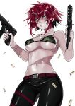  1girl belt belt_buckle bikini_top breasts buckle bullet camouflage_bikini_top cleavage collarbone cowboy_shot dual_wielding green_eyes grin gun heterochromia highres holding holding_gun holding_weapon latex_pants medium_breasts messy_hair monster_girl monster_musume_no_iru_nichijou navel pants patchwork_skin red_belt red_hair signature simple_background smile solo stitches swimsuit tight tight_pants weapon white_background yellow_eyes zakirsiz zombie zombina 