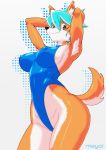  2018 anthro blue_clothing breasts canid canine canis clothing domestic_dog ear_tuft female fur hair hands_behind_head hi_res inner_ear_fluff kemono looking_at_viewer mammal mayoi89g multicolored_body multicolored_fur multicolored_hair nipple_outline orange_body orange_ears orange_fur ramune_(character) simple_background smile solo tuft two_tone_body two_tone_fur two_tone_hair white_body white_fur 