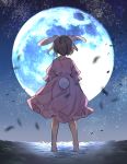  1girl akagashi_hagane animal_ears barefoot brown_hair bunny_ears bunny_tail commentary dress from_behind full_body full_moon inaba_tewi moon night outdoors pink_dress short_hair short_sleeves sky solo standing star_(sky) starry_sky tail touhou wind wind_lift 