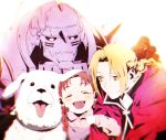  1girl 2boys :d ^_^ alexander_(fma) alphonse_elric animal armor backlighting black_gloves blonde_hair blurry blush braid brown_hair child close-up closed_eyes coat commentary_request depth_of_field dog dot_nose edward_elric face fullmetal_alchemist gloves happy helmet highres ichii_(tkgodantkamatu) looking_at_another multiple_boys nina_tucker open_mouth red_coat sidelocks simple_background single_braid smile tongue tongue_out twin_braids upper_body white_background yellow_eyes 