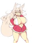  ^_^ ahoge animal_humanoid big_breasts big_tail blonde_hair breasts canid canid_humanoid canine canine_humanoid cleavage clothed clothing eyes_closed female fox_humanoid fur hair huge_breasts humanoid inner_ear_fluff jacket light_skin mammal mammal_humanoid midriff mudaikun musical_note navel nipple_outline open_jacket open_mouth open_smile red_clothing red_topwear simple_background smile solo standing tan_body tan_fur topwear tuft white_background 