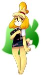  akaunkel animal_crossing anthro blush bottomwear canid canine canis clipboard clothed clothing domestic_dog female fur hair isabelle_(animal_crossing) mammal narrowed_eyes nintendo pen shih_tzu skirt smile solo standing tiny_feet toy_dog video_games wide_hips yellow_body yellow_fur 