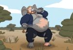  anthro belly belly_jiggle brown_hair clothed clothing detailed_background duly_noted elephant elephantid hair hi_res human human_to_anthro male mammal moobs open_mouth outside overweight overweight_male proboscidean solo species_transformation standing surprise tail_tuft torn_clothing transformation tree tuft tusks weight_gain worried 