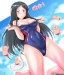 1girl animal animal_ears bare_shoulders black_hair blue_eyes blue_swimsuit blush breasts cameltoe cleavage cloud covered_navel day hadano_miki hair_strand highres kneeling large_breasts long_hair mouse_girl multiple_boys murenase!_shiiton_gakuen naked_mole_rat one-piece_swimsuit outdoors rat_ears rat_tail samenoido sky smile solo_focus swimsuit tail undressing v-shaped_eyebrows 