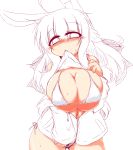  animal_humanoid big_breasts blush bra breasts cleavage clothed clothing clothing_lift female glistening glistening_body glistening_breasts glistening_skin hair huge_breasts humanoid inner_ear_fluff lagomorph lagomorph_humanoid leporid_humanoid light_skin long_ears long_hair looking_at_viewer mammal mammal_humanoid mouth_hold mudaikun navel partially_clothed presenting presenting_breasts rabbit_humanoid shirt shirt_lift simple_background solo standing topwear tuft underwear white_background white_clothing white_eyes white_shirt white_topwear 
